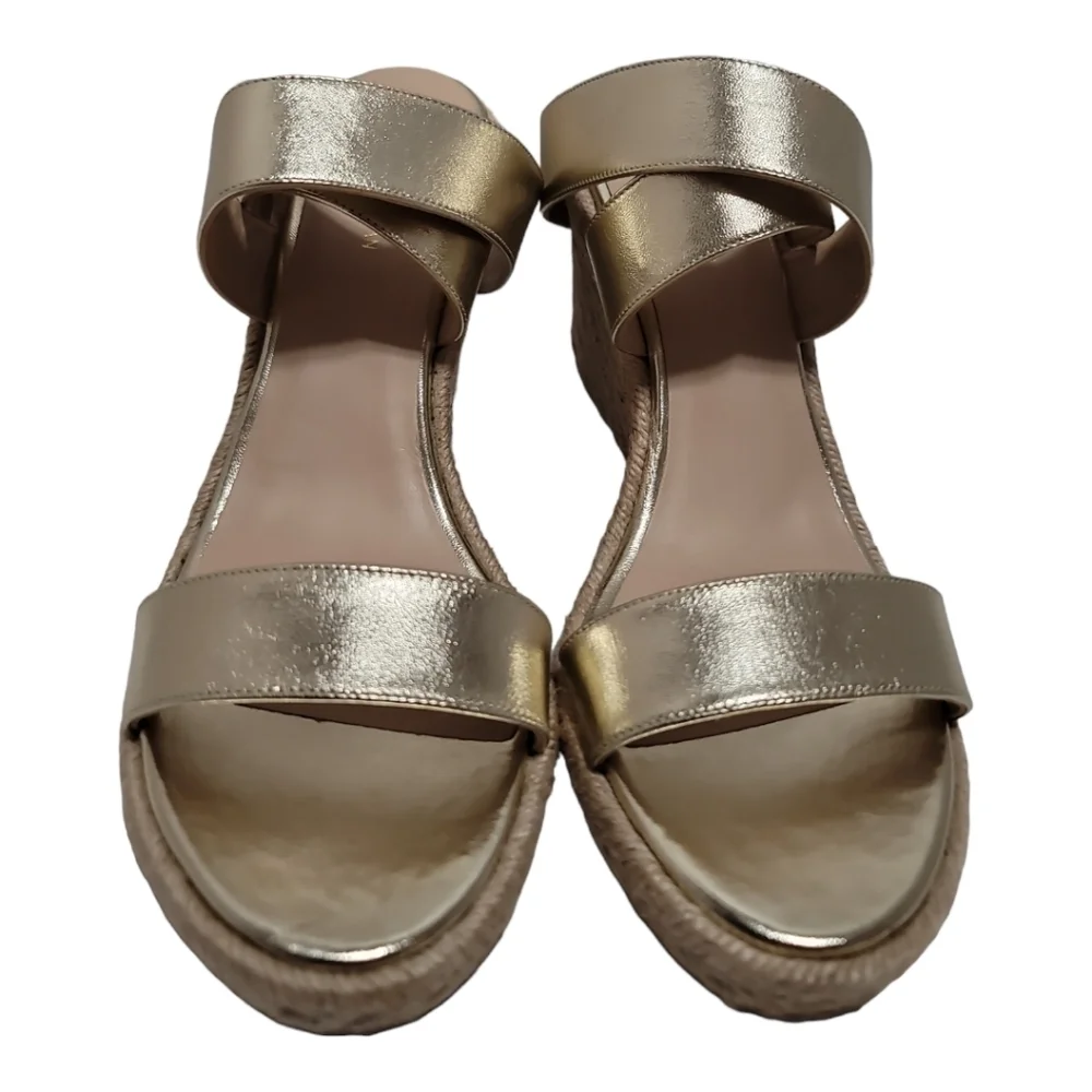 Stuart Weitzman Lexia Gold Metallic Leather Espadrille Buckle Wedges 10